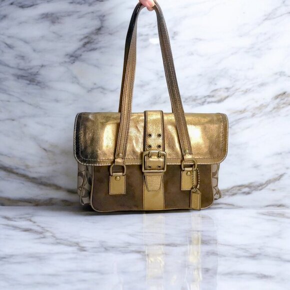 Vintage COACH Gold Metallic Signature Shoulder bag/ Satchel - Picture 3 of 16